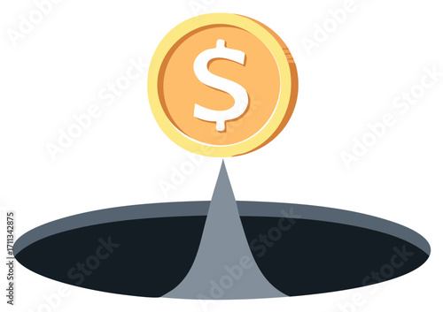 Golden coin with dollar sign emerging from a dark pit concept illustration