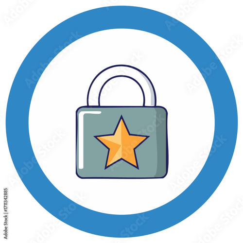 Blue circle surrounds a grey lock with a gold star symbol on a white background