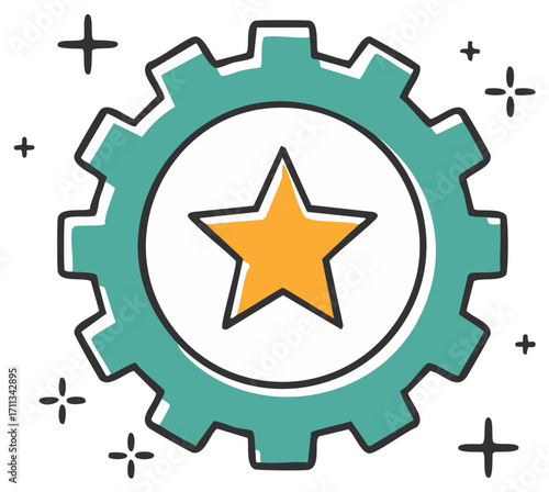 Gear wheel graphic featuring star, a metaphor for innovation, success and high standards.