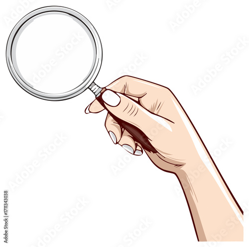 Cartoon illustration depicting a hand holding up a magnifying glass for inspection or observation