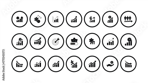 Growth icon set. Contains icons for performance, gain, improvement, growth, graphs, upgrades, evolution, and development. Collection of solid icons, vector illustrations.