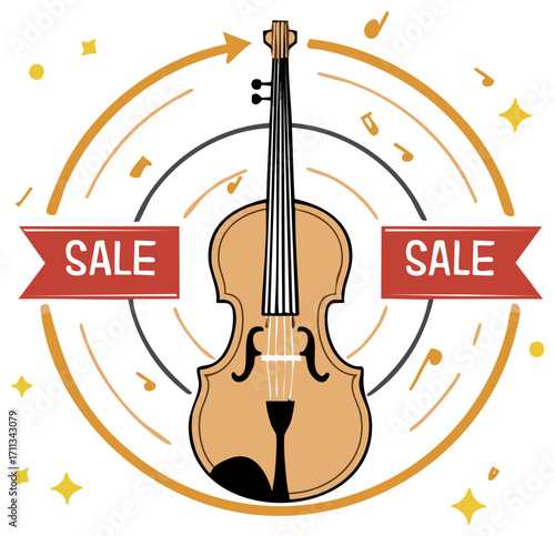 Musical instrument violin design with sale banner and musical notes decoration graphic element
