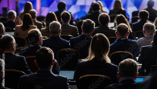 Audience listens to the speech of the lecturer in a dark, dimly lit conference hall