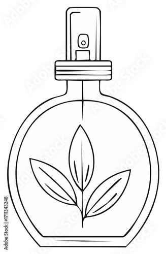 Outline illustration of perfume bottle with leaves, aromatic freshness, and natural essence for cosmetics packaging and aromatherapy.