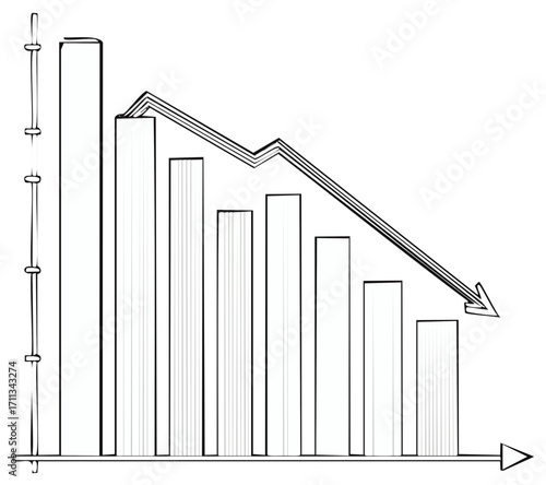 Downward trend in bar graph shows financial decline or decrease