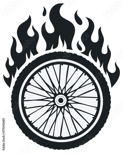 Monochrome vector illustration of a flaming bicycle wheel for extreme sports and racing