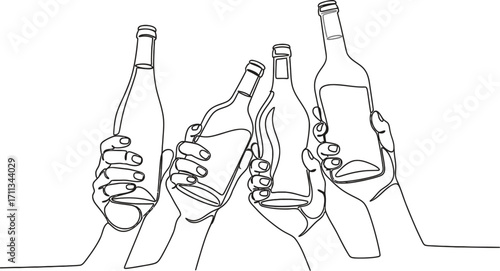 Hands raising bottles in a celebratory toast, symbolizing friendship and shared moments.