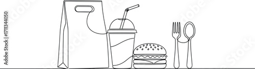 Simple line art of a takeout meal with a burger, drink, and cutlery