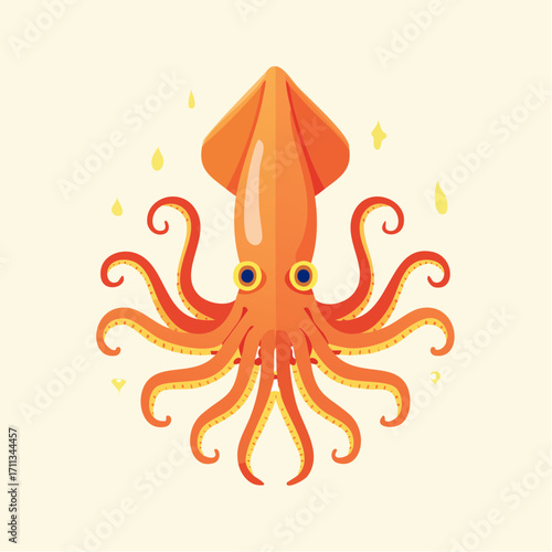 Vibrant Orange Squid with Glowing Tentacles and Sparkles, Flat Design Illustration
