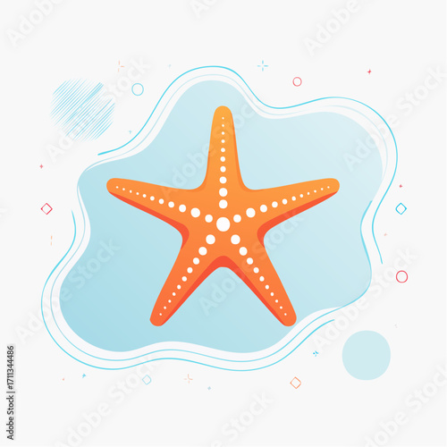 Minimalist vector illustration of a vibrant orange starfish on a serene blue abstract background, flat design