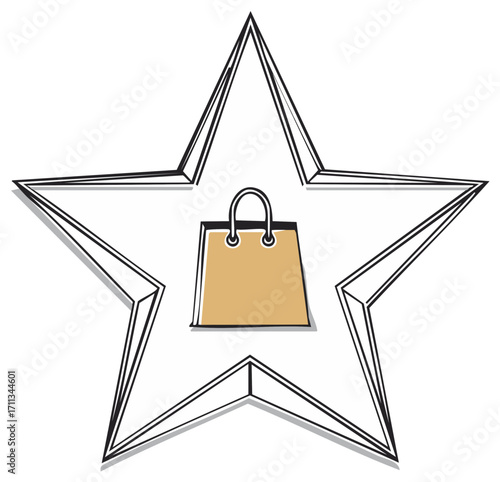 Hand-drawn shopping bag inside a star symbol for VIP customer awards and top retail ratings