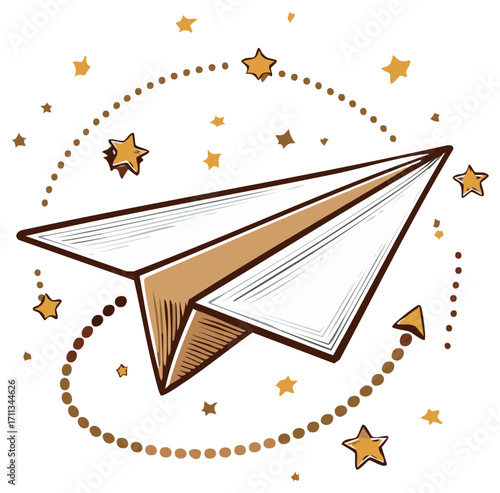 Paper airplane soaring with stars and an arrow in a hand-drawn style illustration