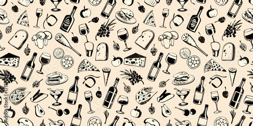 Whimsical hand drawn food and drink pattern featuring wine cheese fruits and desserts