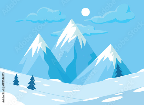 Winter mountain vector illustration with snow-capped peaks, pine trees, and crisp winter atmosphere, ideal for landscape art, seasonal wallpapers, greeting cards, and outdoor adventure designs.