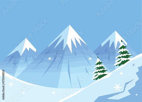 Winter alpine scene with snow-covered mountains, pine trees, and cloudy sky, vector illustration ideal for outdoor adventure, winter sports, landscape design, and seasonal projects.