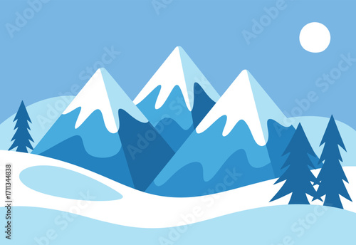 Snowy mountain landscape illustration featuring winter scenery, snow-covered peaks, pine forests, and clear skies, perfect for seasonal design, nature artwork, travel posters, and outdoor adventure pr