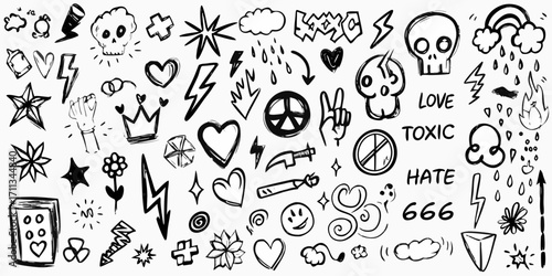 Collection of hand drawn black and white doodle icons featuring skulls hearts stars peace signs and lightning bolts