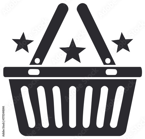 Minimalist shopping basket icon with stars symbolizing customer rating and favorite products