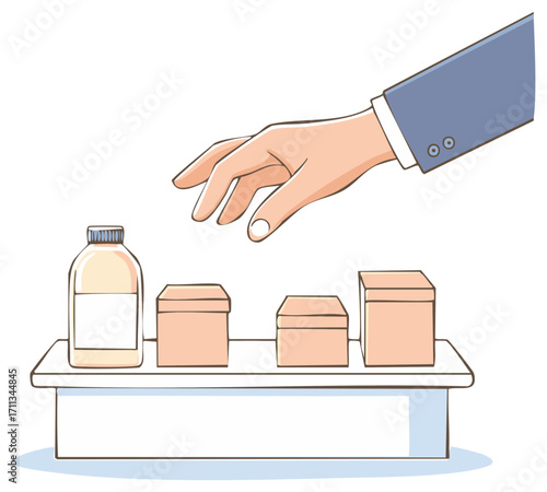 Reaching hand over a shelf with a jar and boxes, business or medical concept