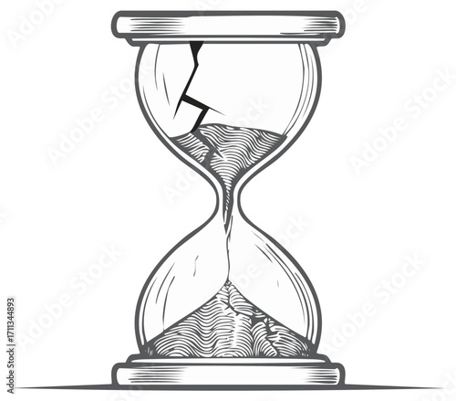 Engraved hourglass vector with broken glass and flowing sand, concept of running out of time, deadline approaching