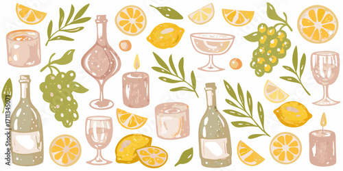 A charming collection of hand drawn elements featuring bottles wine glasses lemons grapes candles and leaves