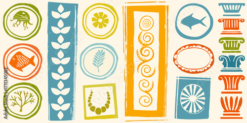 Collection of stylized graphic elements in a playful retro and organic style with a mediterranean feel