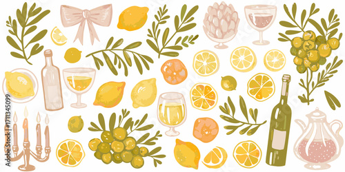 Collection of fresh lemons oranges grapes wine bottles and glasses with decorative elements