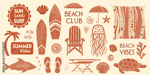 Collection of summer beach elements including surfboards chairs and tropical animals in terracotta tones