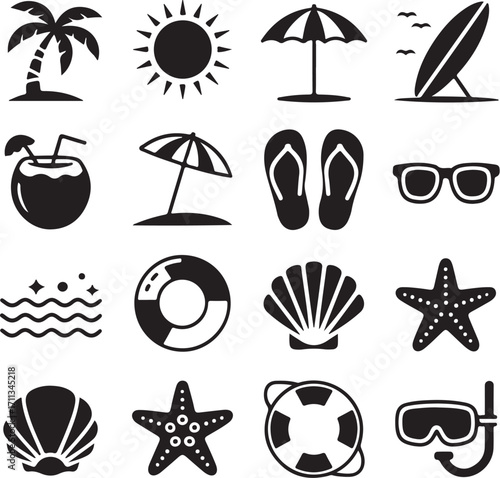 Black and white beach icons and summer vacation symbols