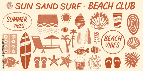Sun sand surf beach club summer vibes collection of beach elements and icons