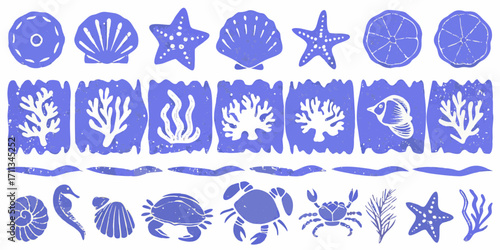 Collection of blue and white nautical icons featuring sea creatures and coral reef elements