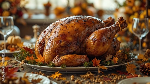 Golden Roasted Turkey on a Holiday Table with Autumnal Accents