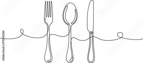 Minimalist line art of fork, spoon, and knife creating a simple, elegant dining set.