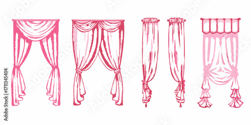 Collection of five different styles of pink draped curtains and window treatments with tiebacks