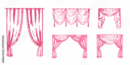 Collection of hand drawn pink draped curtains and valances in various styles