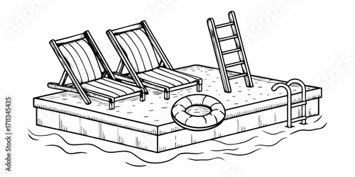 Relaxing summer vacation scene with two deck chairs and a life buoy on a dock by the water
