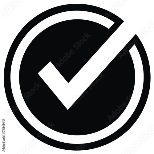 Check Mark Inside Circle Graphic Icon of Approval or Completion in Black and White