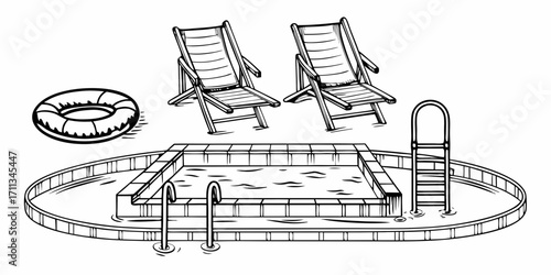 Black and white illustration of a swimming pool with lounge chairs a swim ring and a ladder