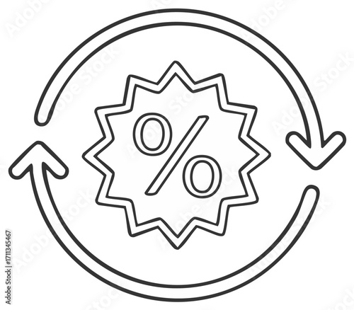 Circular arrows surrounding a jagged percentage symbol representing recurring discounts or promotions