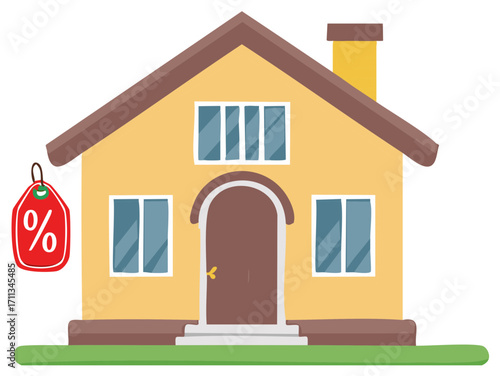Yellow house with a red sale tag showing a percentage sign for real estate discounts