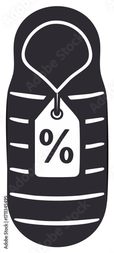 Sleeping bag with price tag showing percentage discount.