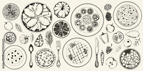 Hand drawn sketch of various food items and fruits arranged on a light background