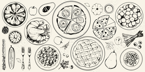 Hand drawn sketch of a festive harvest feast with various dishes and fruits arranged on a light background
