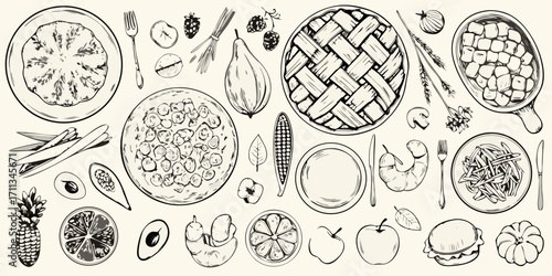 Hand drawn sketch of assorted foods and ingredients arranged on a light background