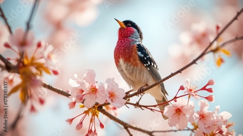 Male Finch Sings in Blossoming Orchard