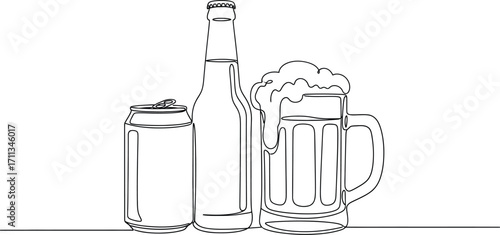Continuous line drawing of a beer can, bottle, and overflowing frothy mug