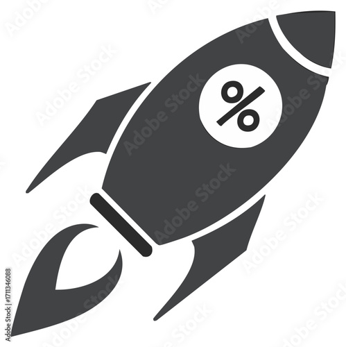 Discount Sale Launch Rocket Symbolizes Fast Growth and Deals on Products or Services with Percentage Icon