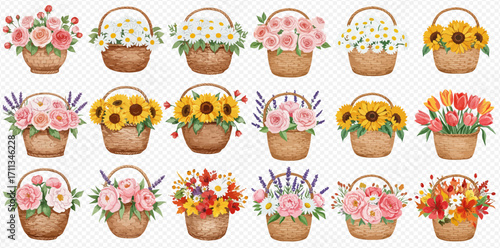 An assortment of charming watercolor wicker baskets filled with various colorful floral arrangements like roses, sunflowers, and daisies.