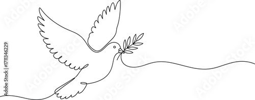 A single line drawing of a dove carrying an olive branch, symbolizing peace and hope