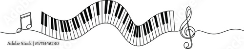 Flowing piano keys and musical notes create a whimsical melody line